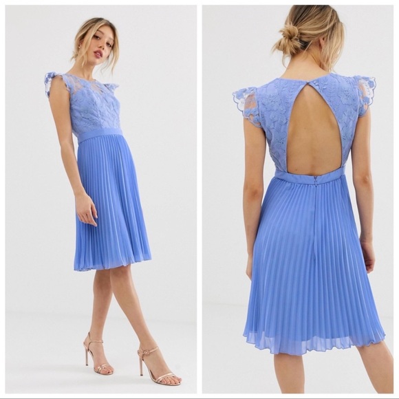 Chi Chi London Dresses & Skirts - Chi Chi London Petite blue dress with pleated skirt and embroidered top